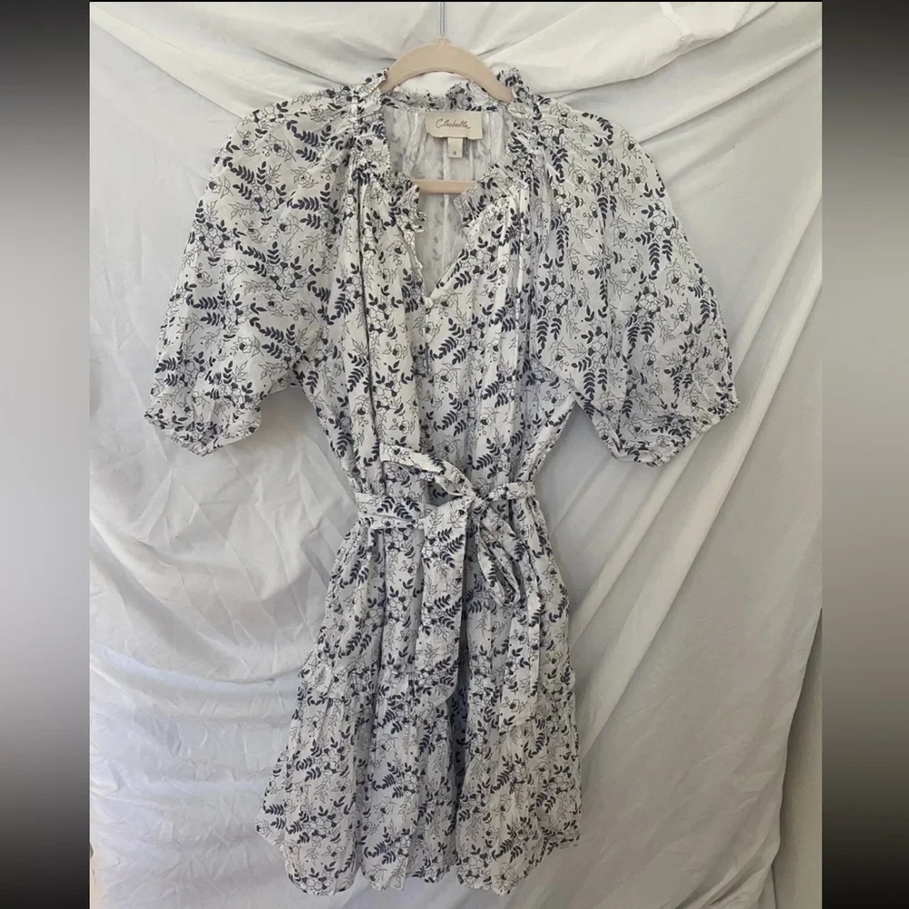 Cleobella Blue White Floral Cotton Puff Sleeve Nevah Mini Size Small Sundress - Picture 3 of 9